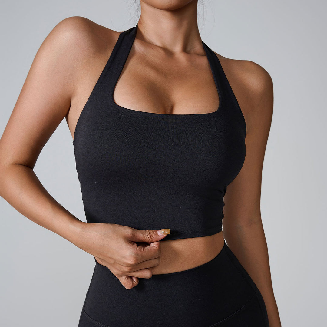 Women’s halter neck push‑up sports bra in black