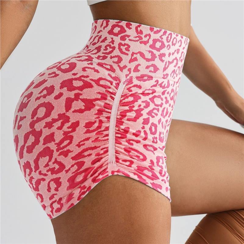 Women’s leopard print high‑waist yoga shorts in black and gray