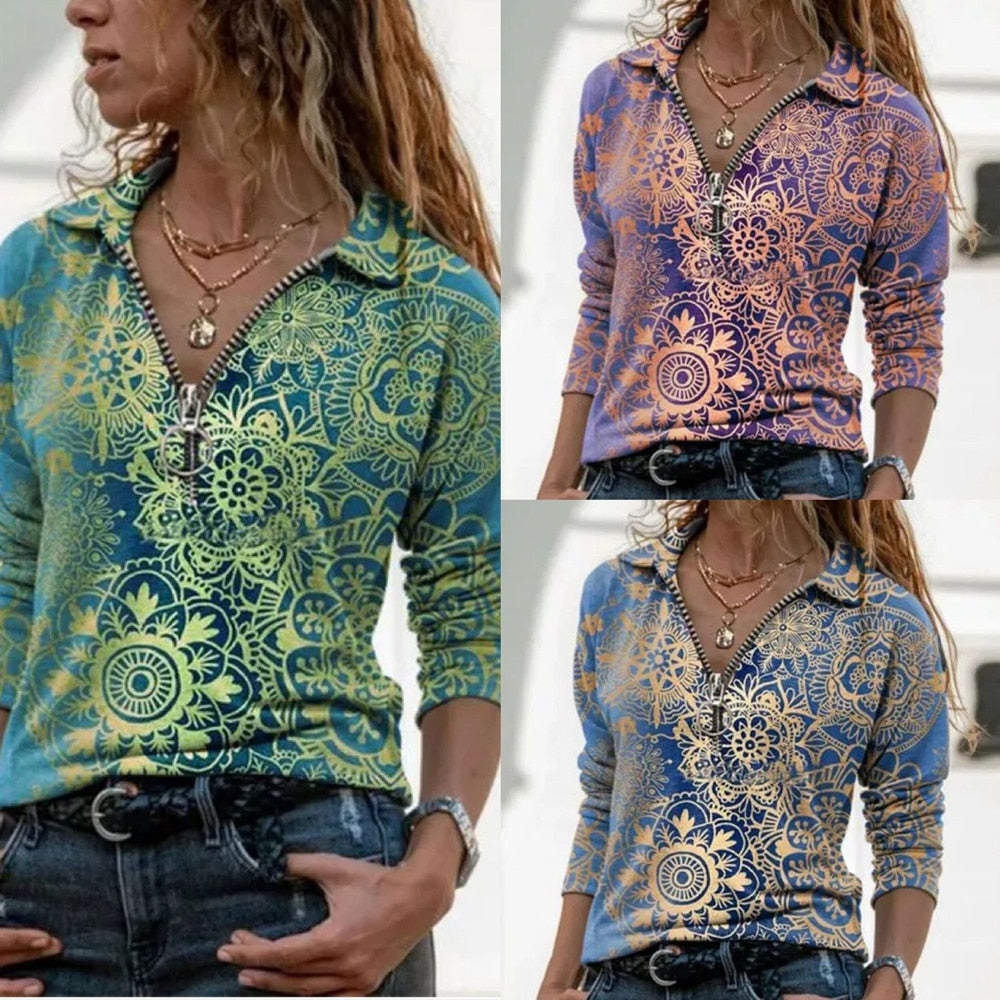 Women’s printed long sleeve blouse in blue with artistic pattern